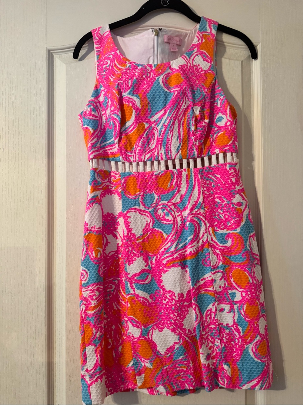 Lilly Pulitzer Pink Floral Sleeveless Midi Dress with Aqua & Orange Accents